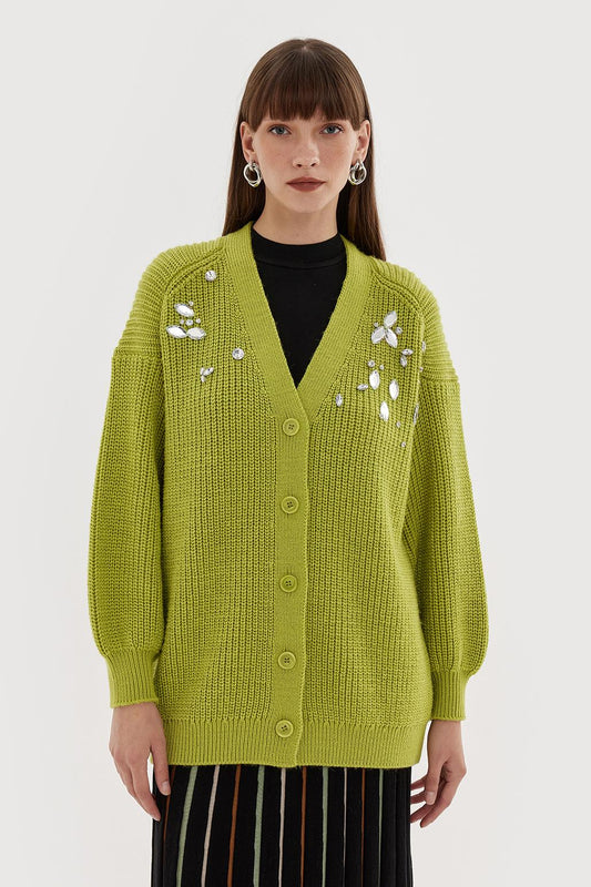 Stone Embroidered Cardigan Olive