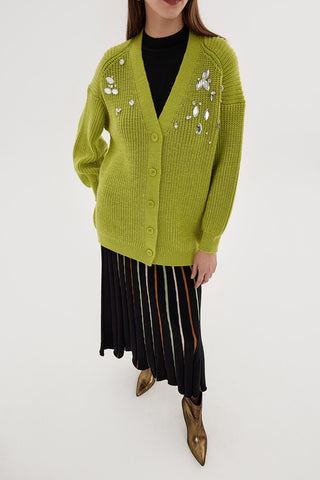 Stone Embroidered Cardigan Olive