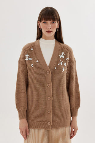 Stone Embroidered Cardigan Mink