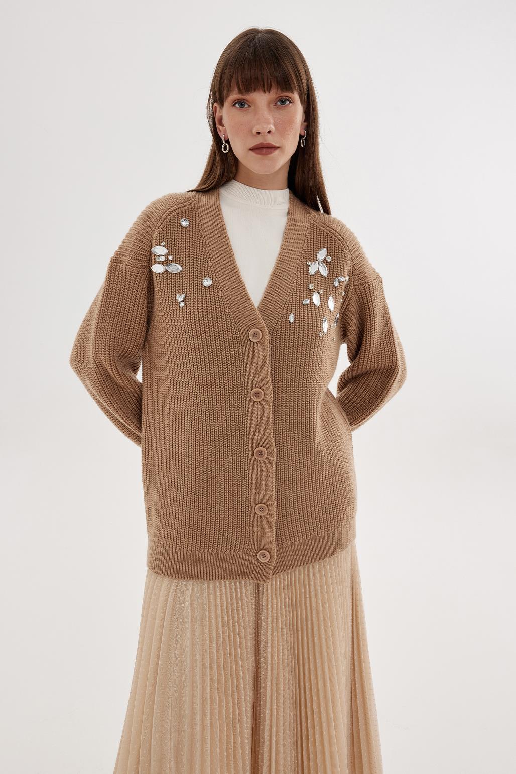 Stone Embroidered Cardigan Mink