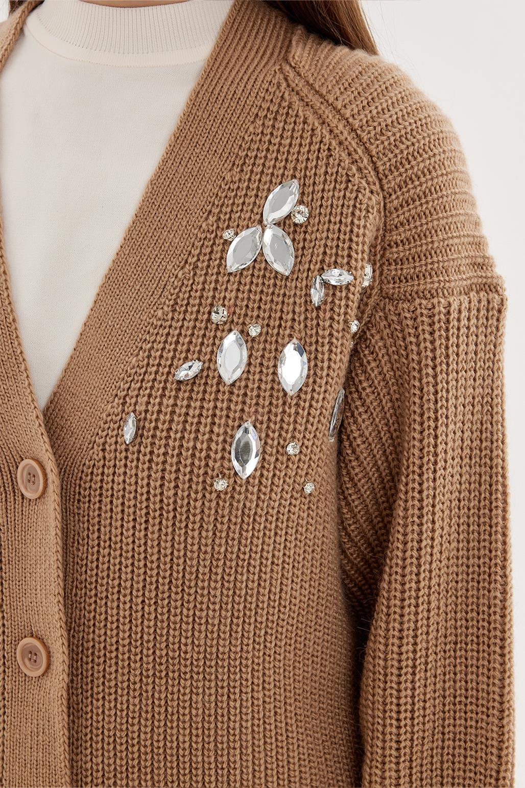 Stone Embroidered Cardigan Mink