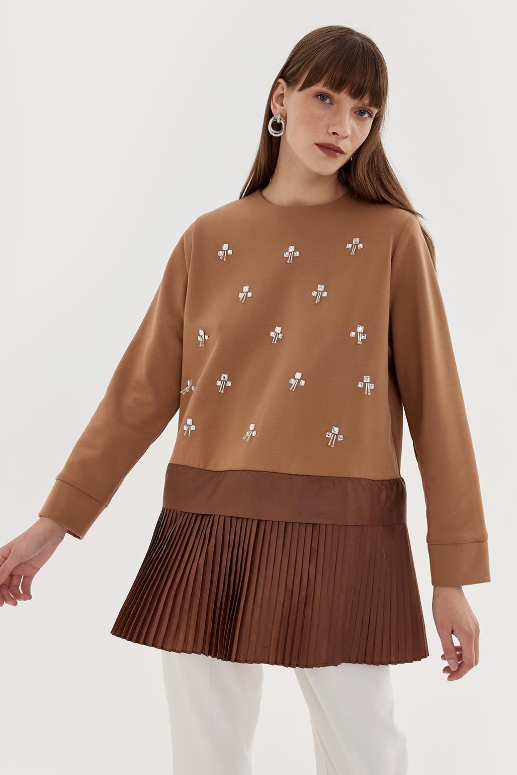 Stone Embroidered Pleated Tunic Brown