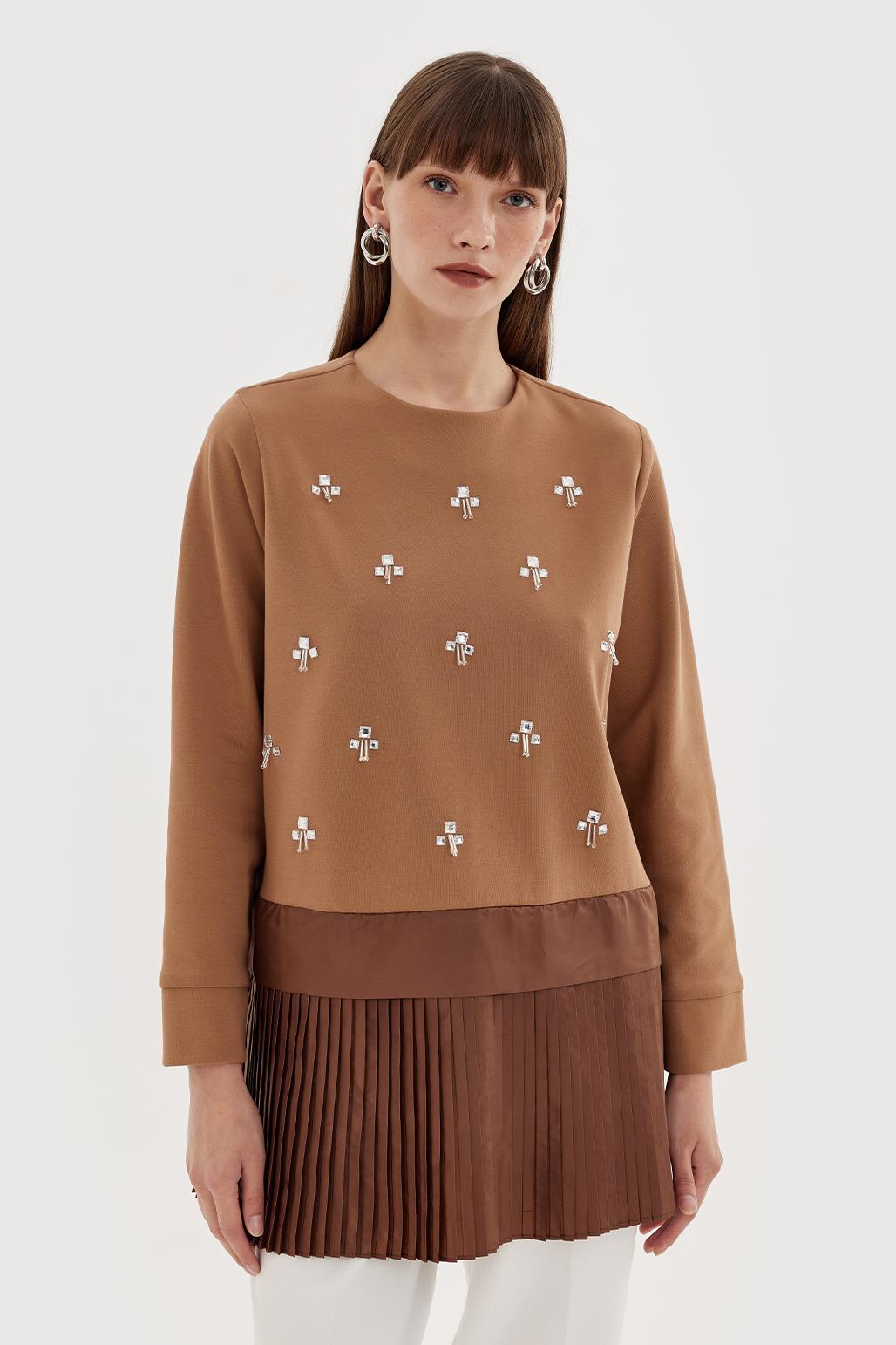 Stone Embroidered Pleated Tunic Brown