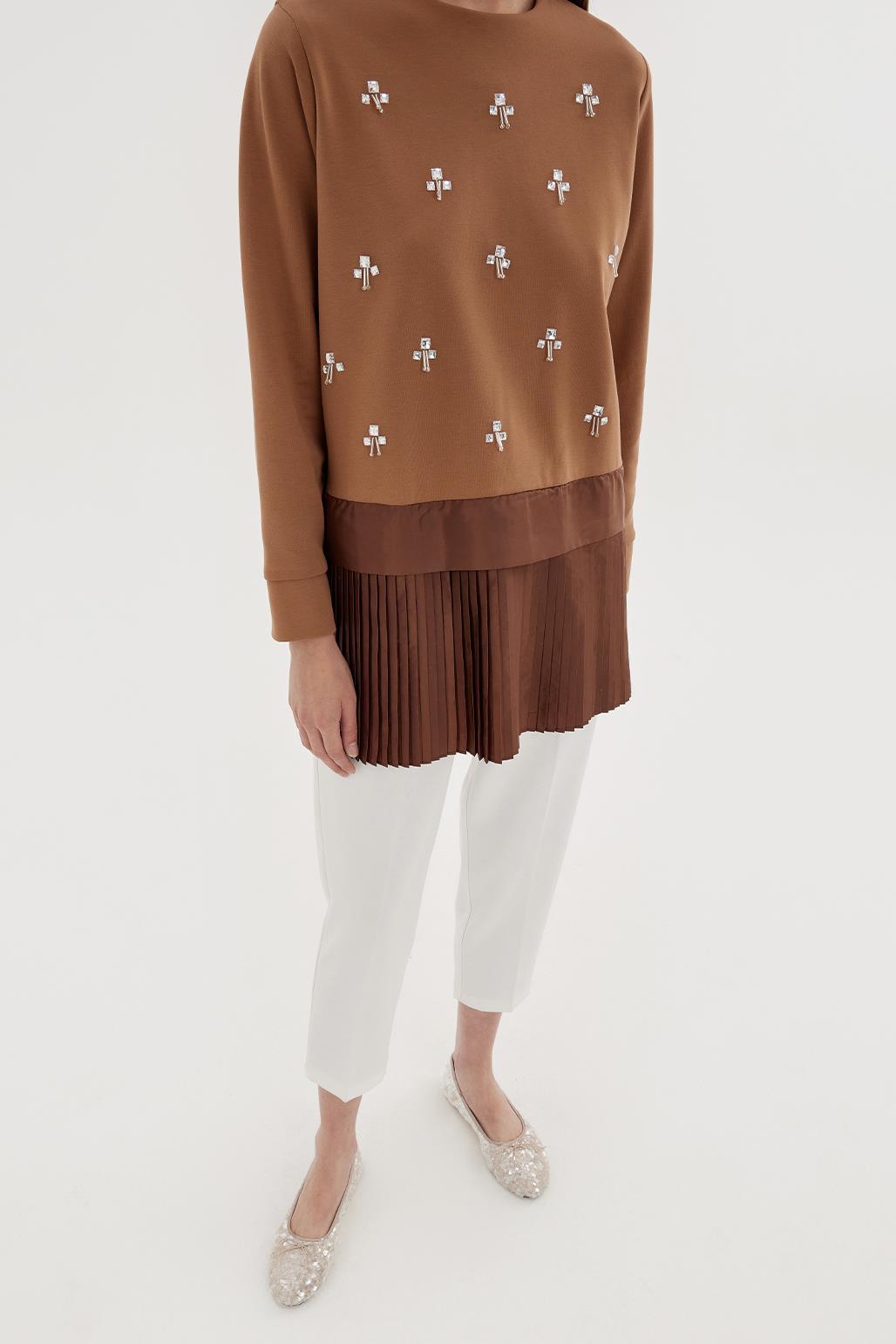 Stone Embroidered Pleated Tunic Brown