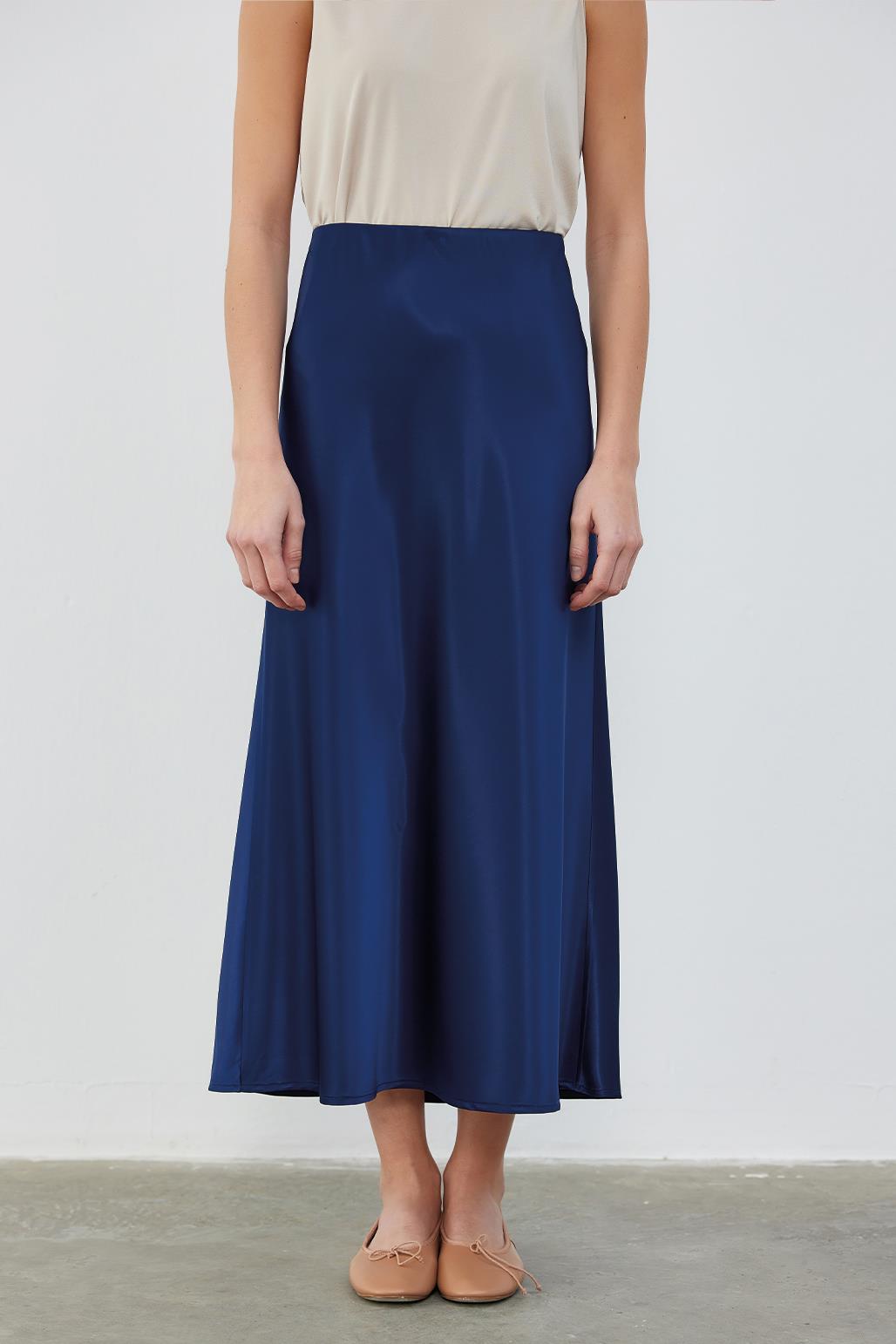 Tiana Straight Cut Satin Skirt Night Blue