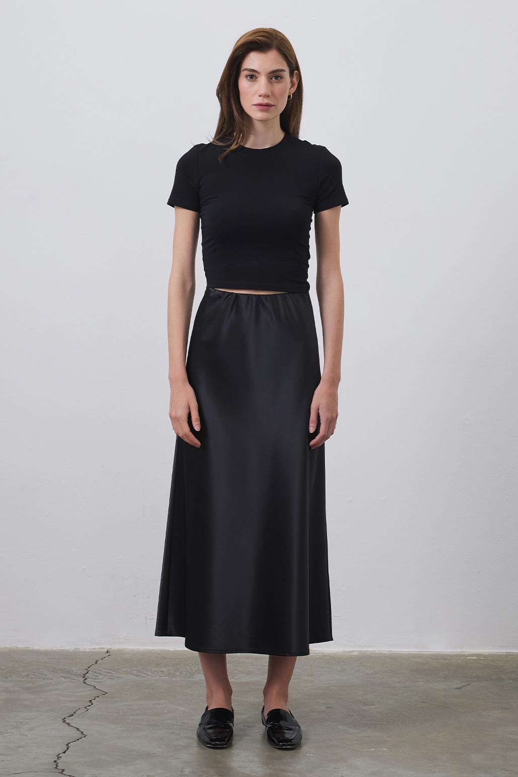 Tiana Straight Cut Satin Skirt Black