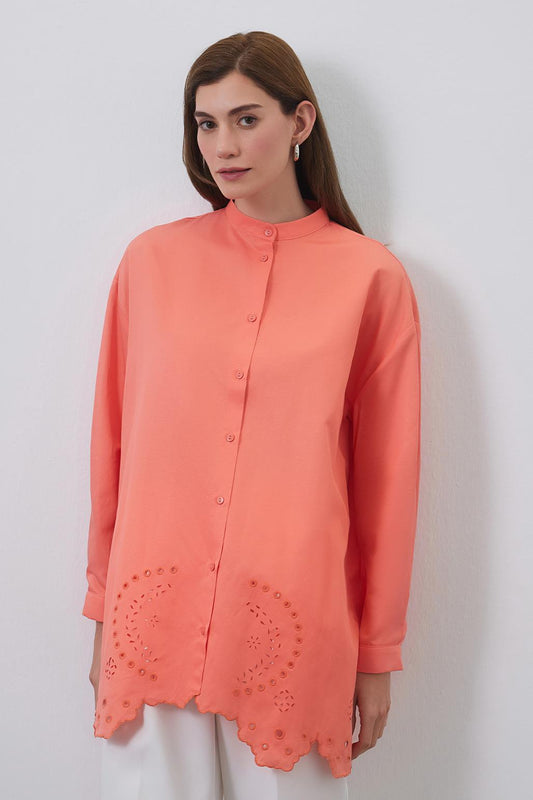 Tina Embroidered Laser Cut Shirt Apricot