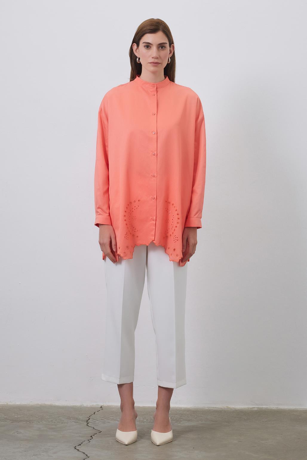 Tina Embroidered Laser Cut Shirt Apricot