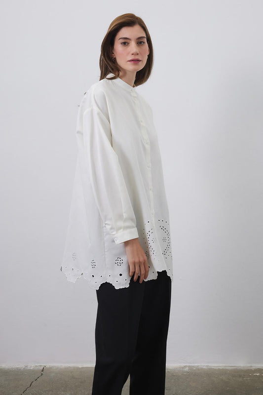 Tina Embroidered Laser Cut Shirt Ecru