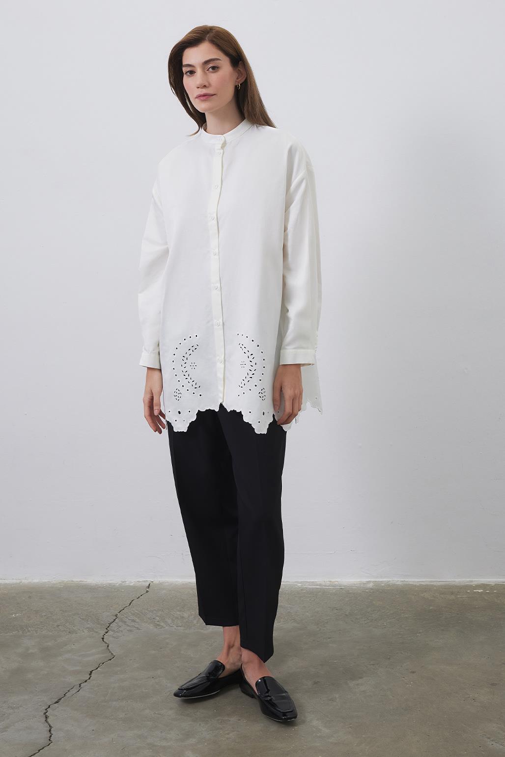 Tina Embroidered Laser Cut Shirt Ecru