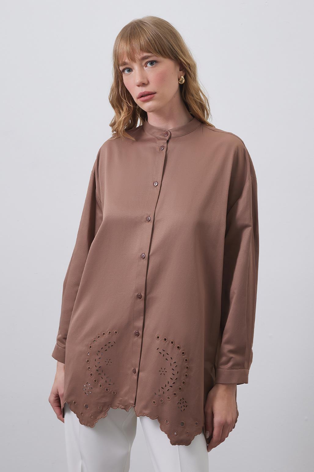 Tina Embroidered Laser Cut Shirt Brown