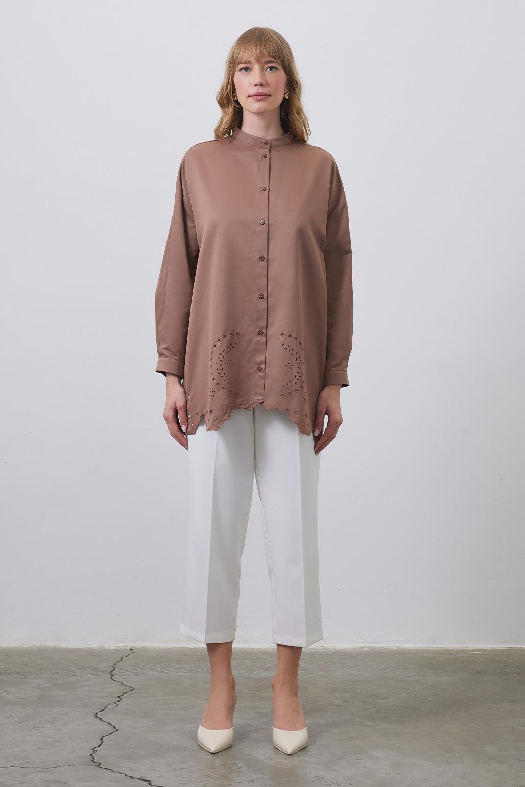 Tina Embroidered Laser Cut Shirt Brown