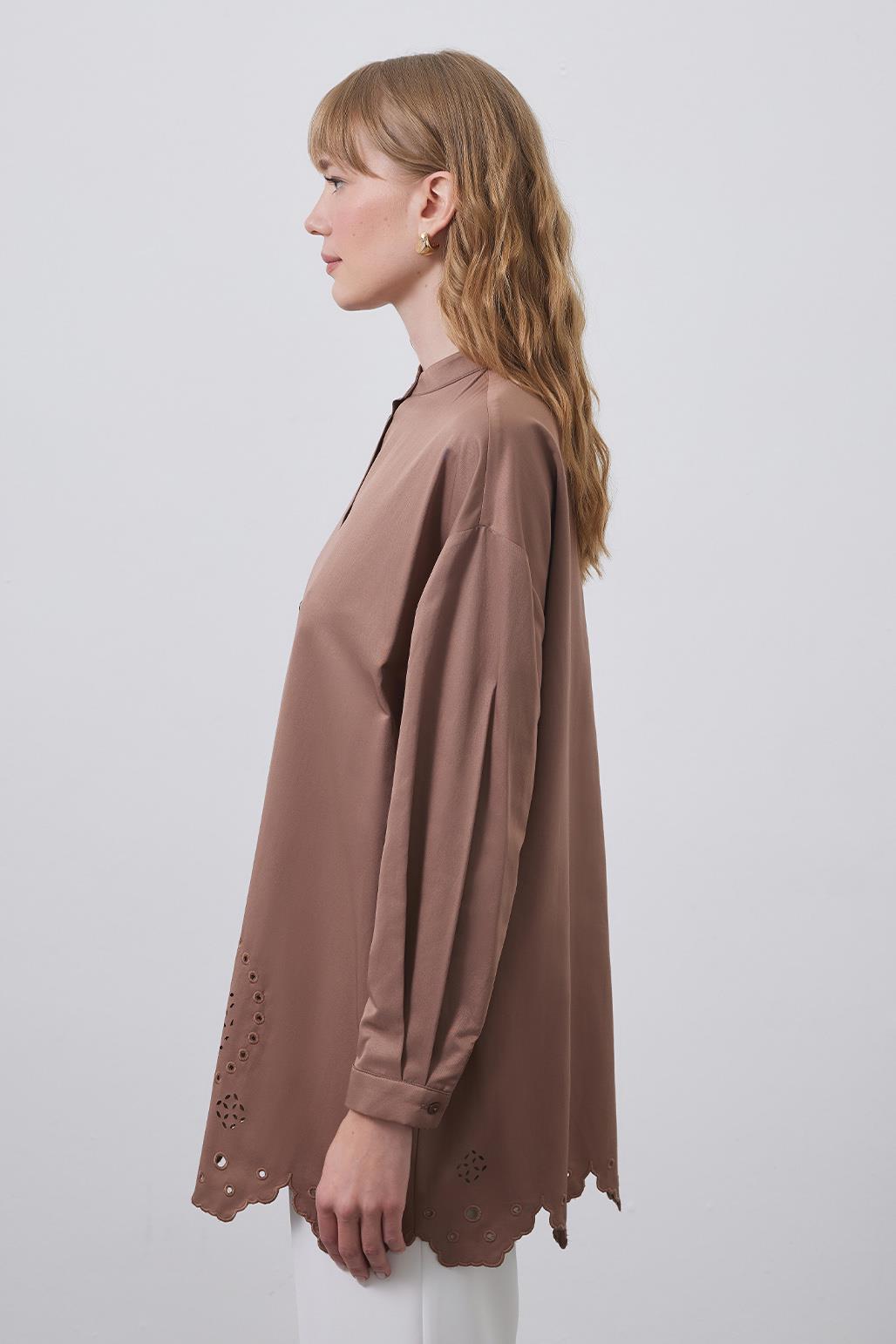 Tina Embroidered Laser Cut Shirt Brown