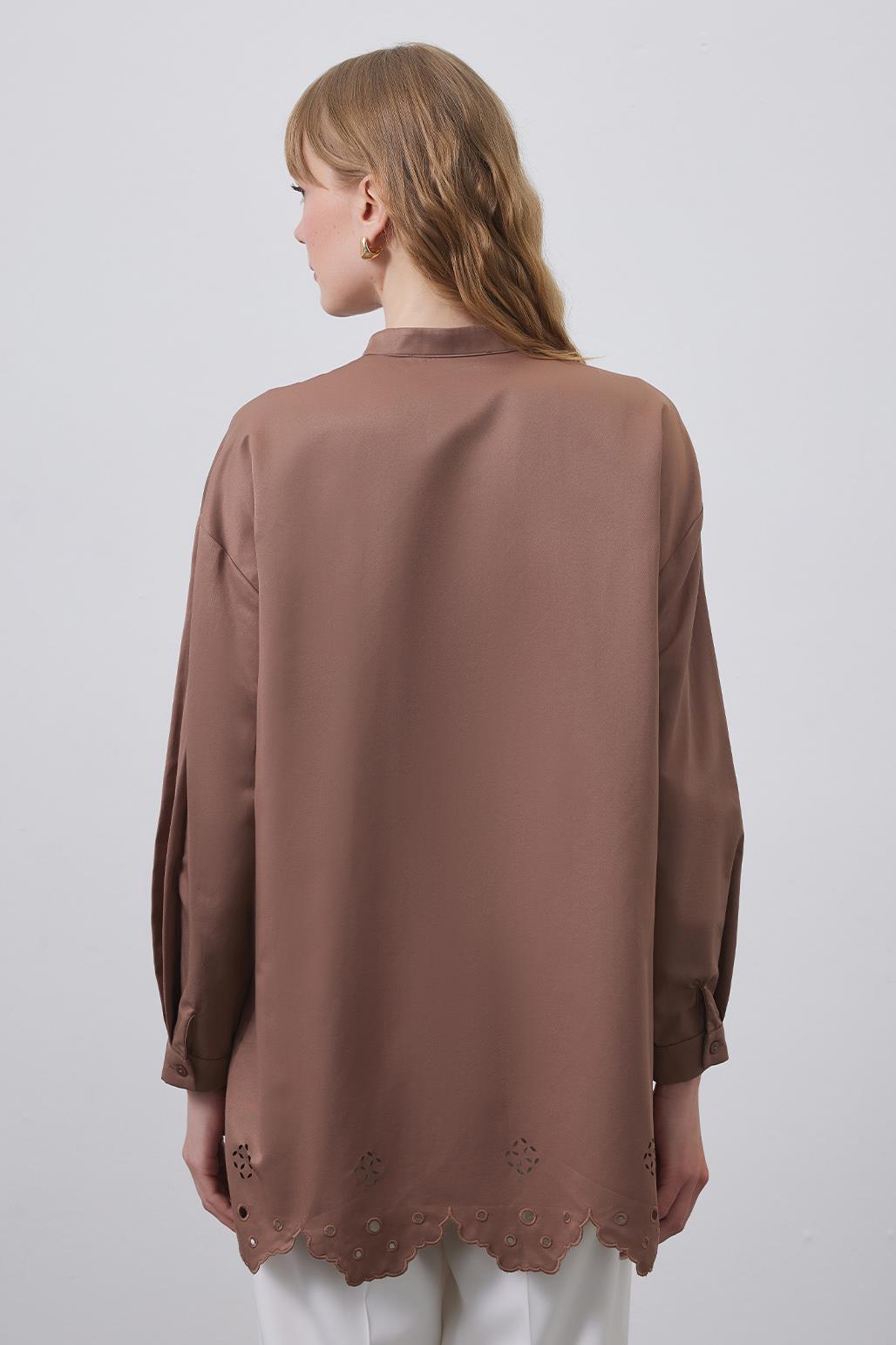 Tina Embroidered Laser Cut Shirt Brown