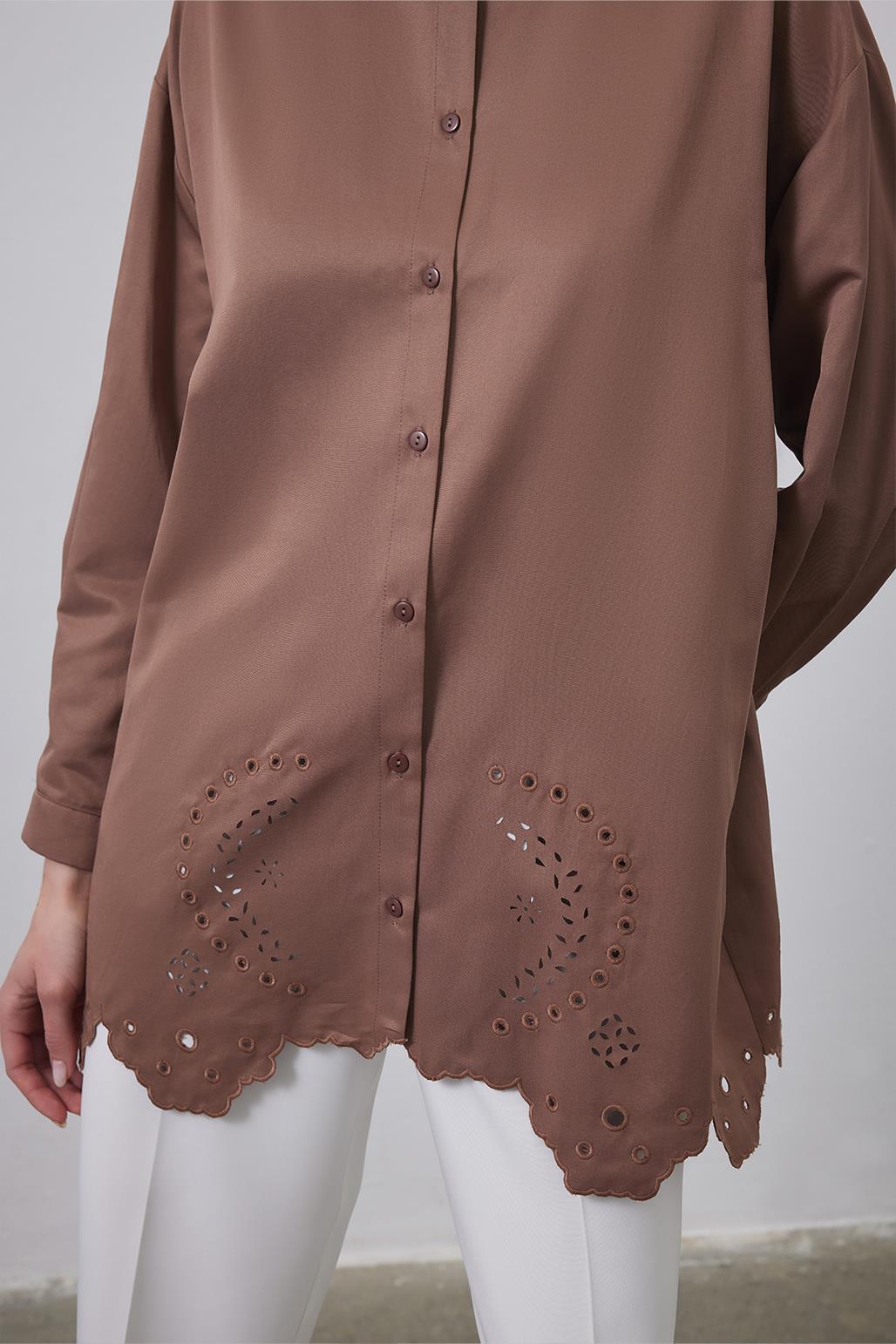 Tina Embroidered Laser Cut Shirt Brown