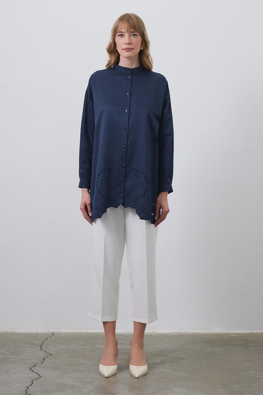 Tina Embroidered Laser Cut Shirt Navy Blue