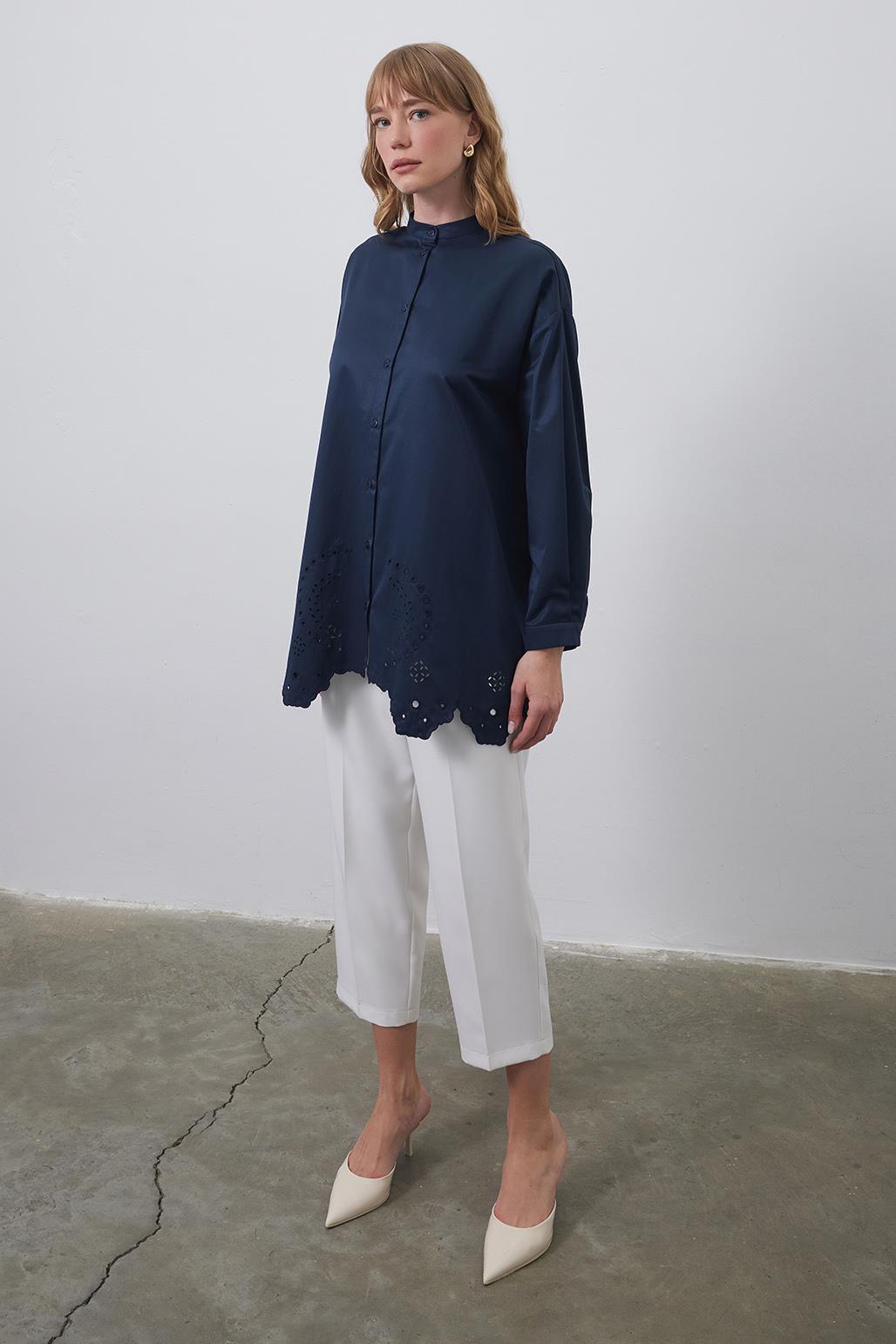 Tina Embroidered Laser Cut Shirt Navy Blue