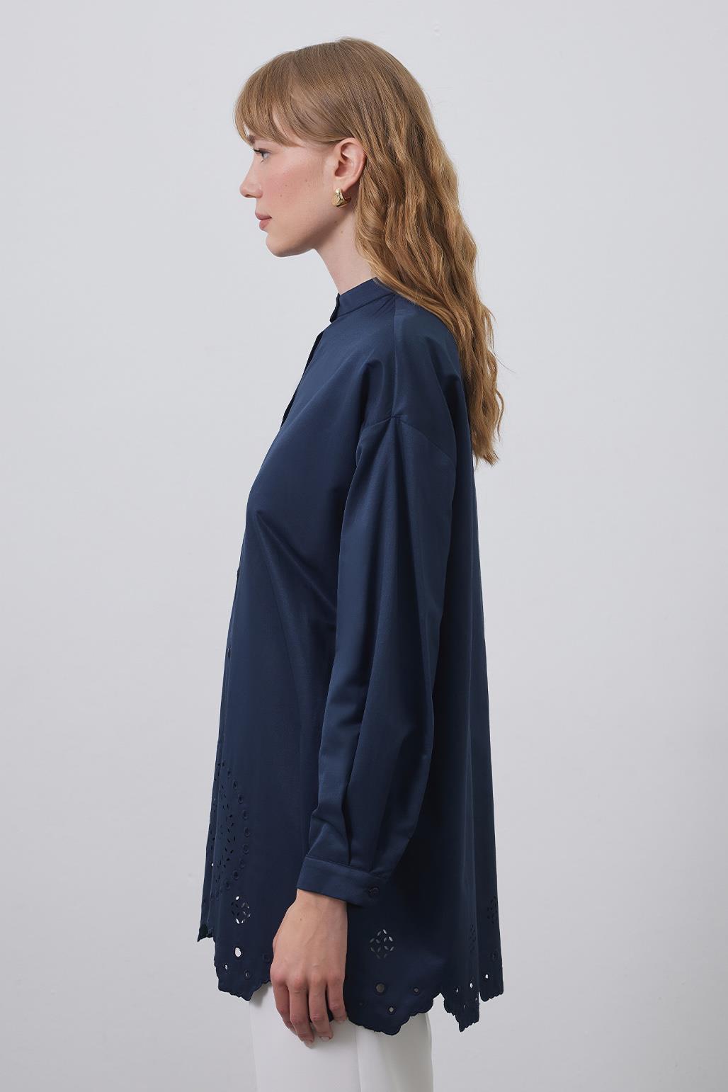 Tina Embroidered Laser Cut Shirt Navy Blue