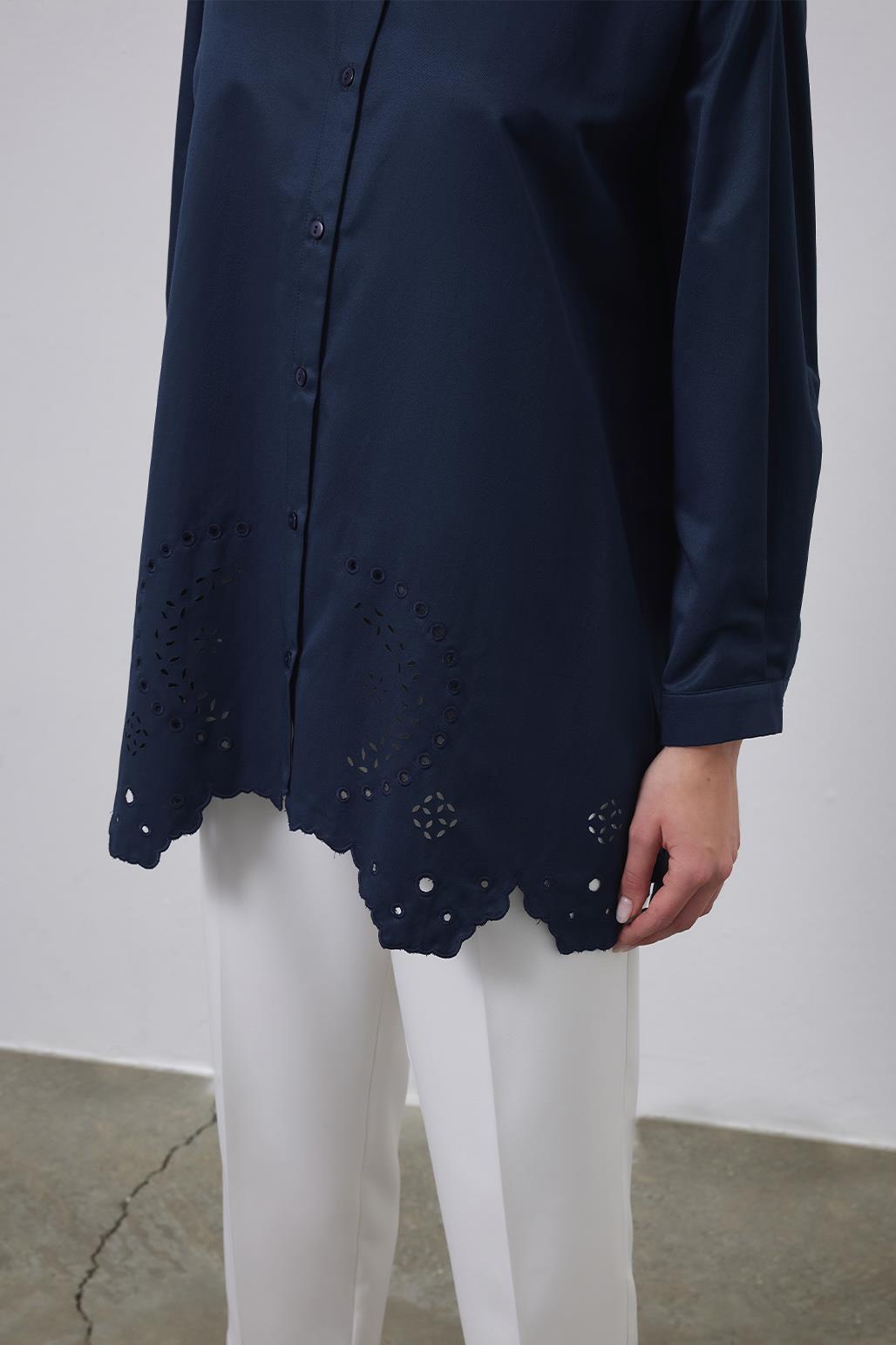 Tina Embroidered Laser Cut Shirt Navy Blue