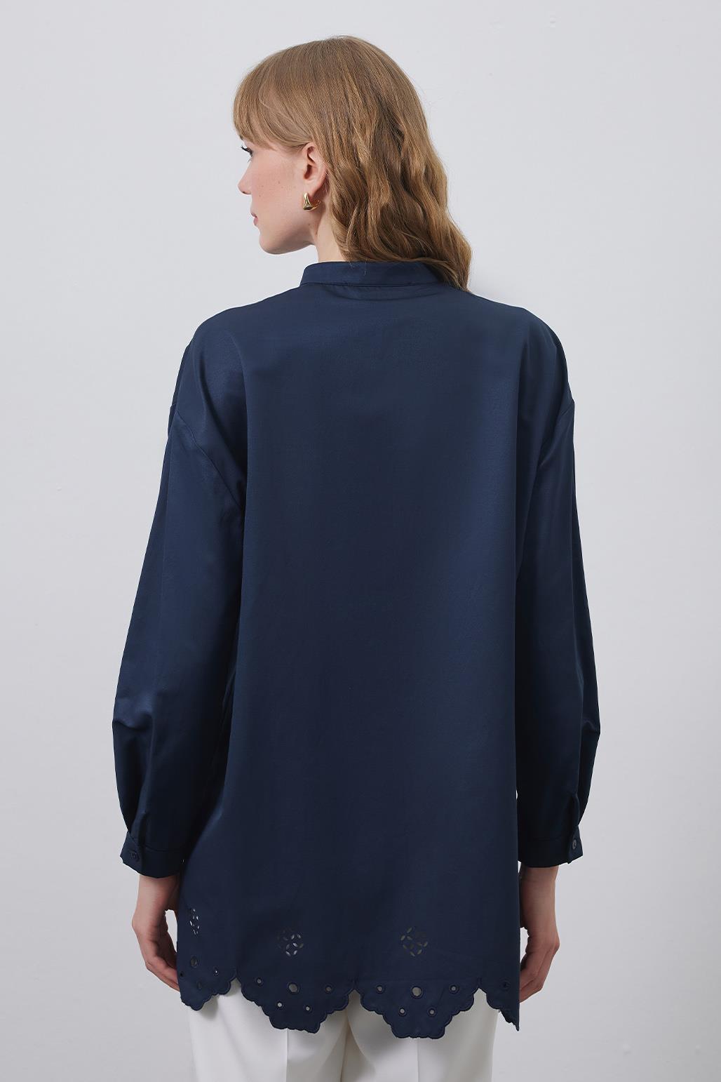 Tina Embroidered Laser Cut Shirt Navy Blue