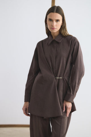 Buckle Detail Wrap Shirt Trousers Set Brown