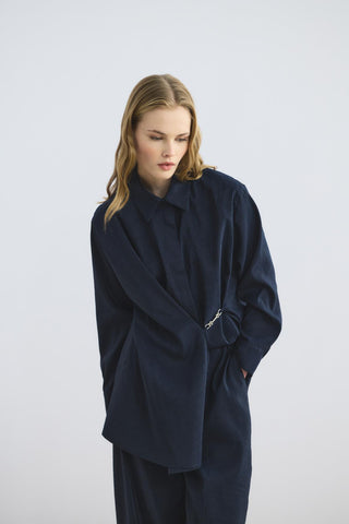 Buckle Detail Wrap Shirt Trousers Set Navy