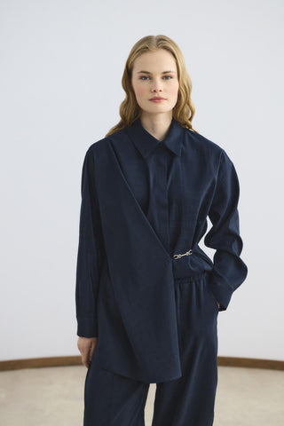 Buckle Detail Wrap Shirt Trousers Set Navy