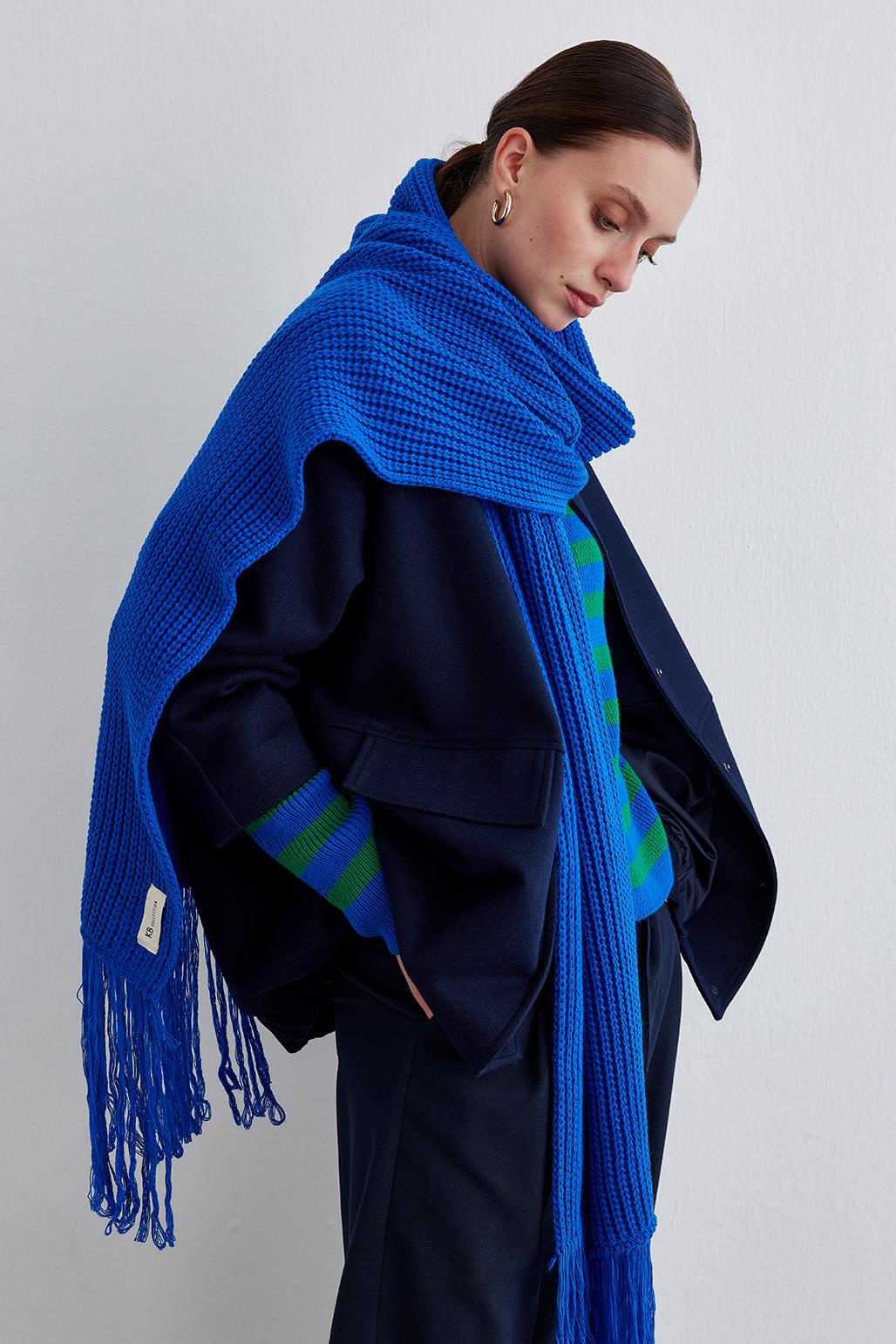 Knitwear Long Scarf With Fringe Sax