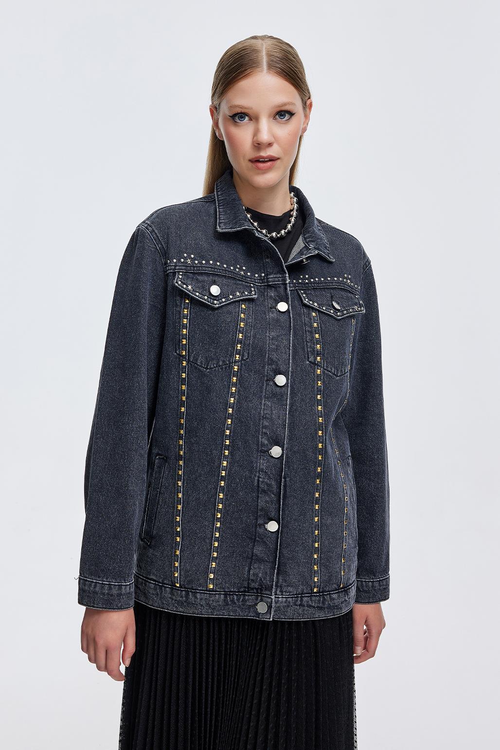 Denim Washed Jacket with Studs Gray