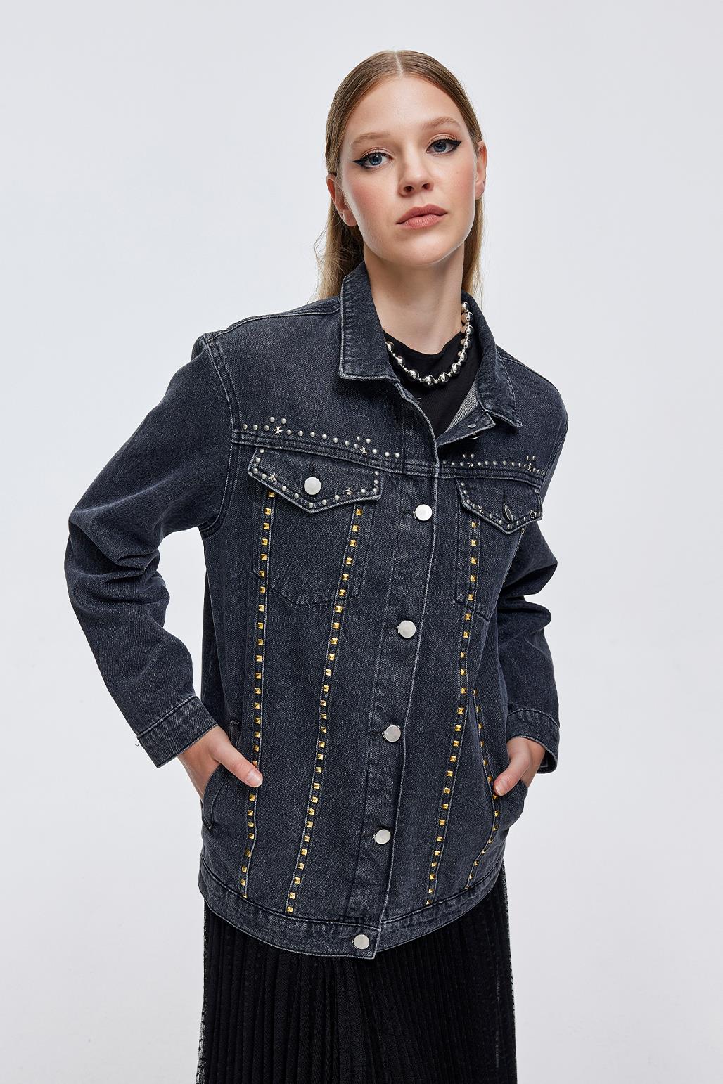 Denim Washed Jacket with Studs Gray