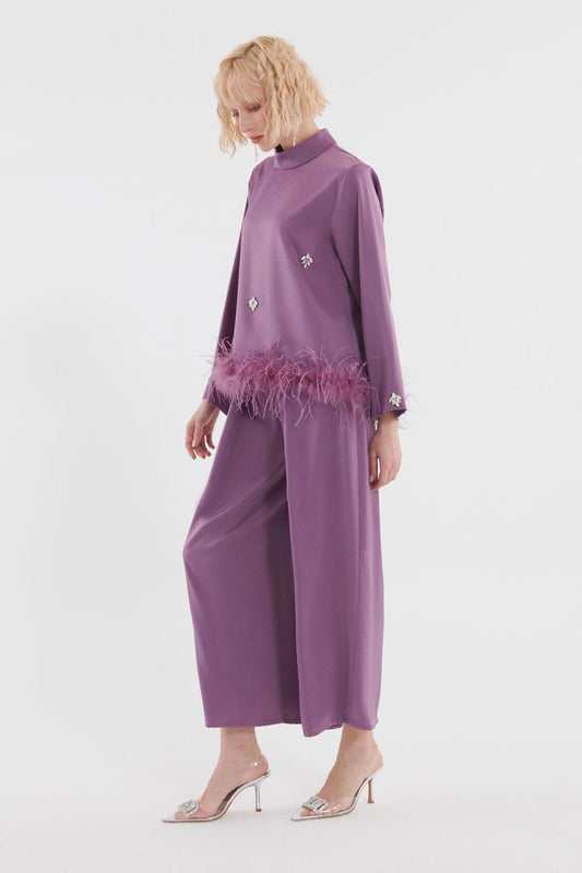 Feather Embroidered Pleated Blouse Set Lavander