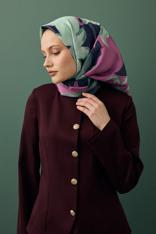 Twill Silk Square Scarf Floral Aqua Green