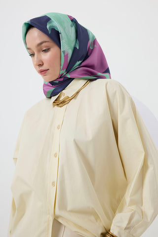 Twill Silk Square Scarf Floral Aqua Green