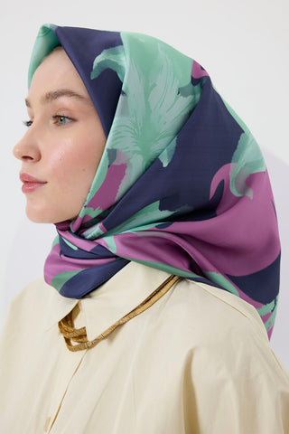 Twill Silk Square Scarf Floral Aqua Green