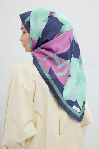 Twill Silk Square Scarf Floral Aqua Green