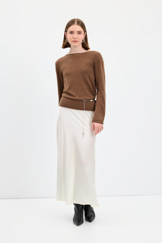 Satin Long Pencil Skirt Ecru