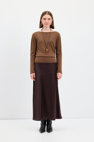 Satin Long Pencil Skirt Brown