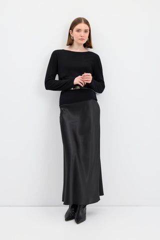 Satin Long Pencil Skirt Black