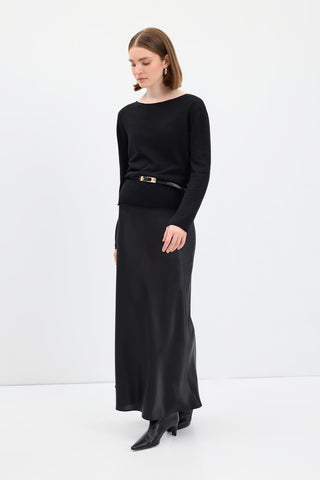 Satin Long Pencil Skirt Black