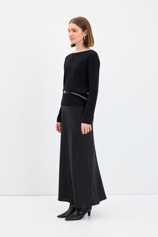 Satin Long Pencil Skirt Black