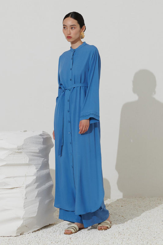 Embroidered Long Shirt Dress Blue