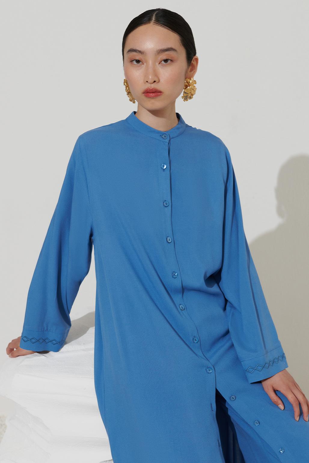 Embroidered Long Shirt Dress Blue