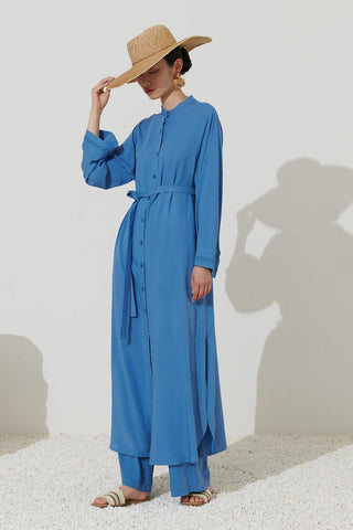 Embroidered Long Shirt Dress Blue