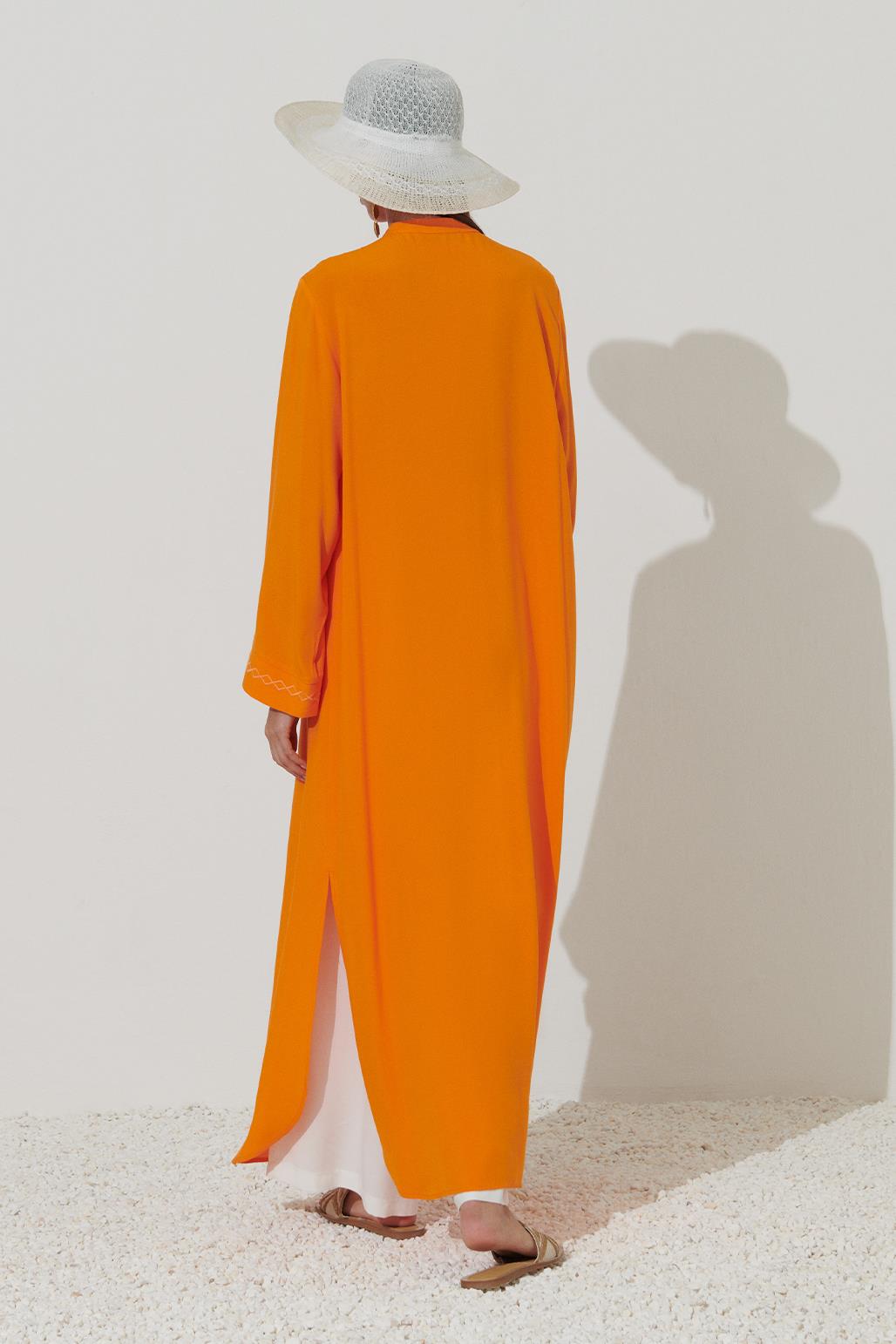 Embroidered Long Shirt Dress Orange