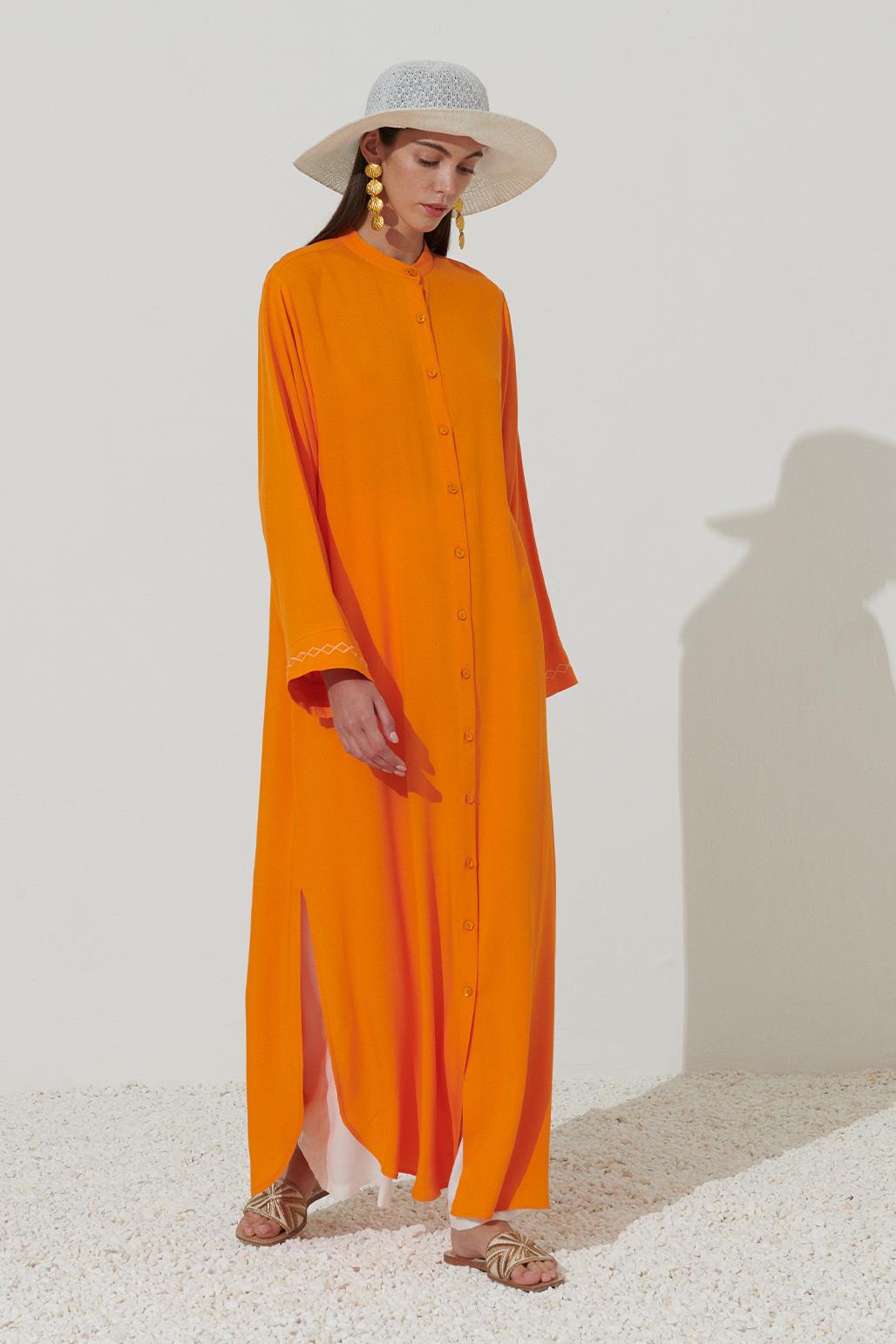 Embroidered Long Shirt Dress Orange