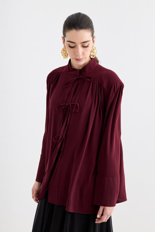 Valen Shoulder-Padded Shirt Jacket Burgundy