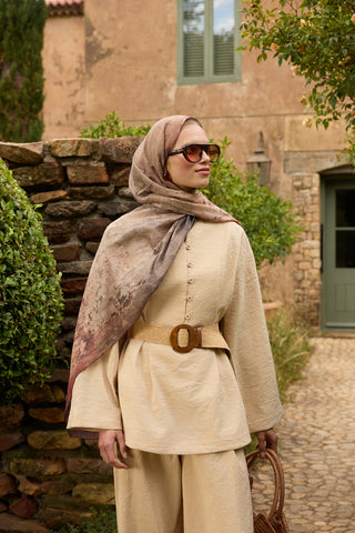 Vela Patterned Cotton Scarf Camel