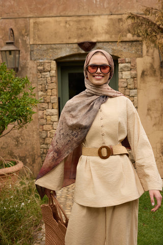 Vela Patterned Cotton Scarf Camel