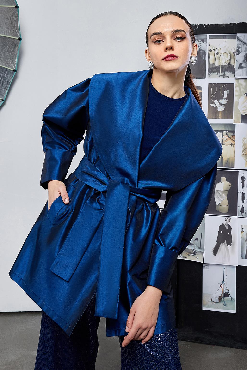 Vera Taffeta Shawl Collar Kimono Navy Blue