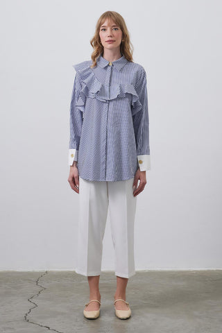 Flounced Cuff Detailed Shirt Navy Blue